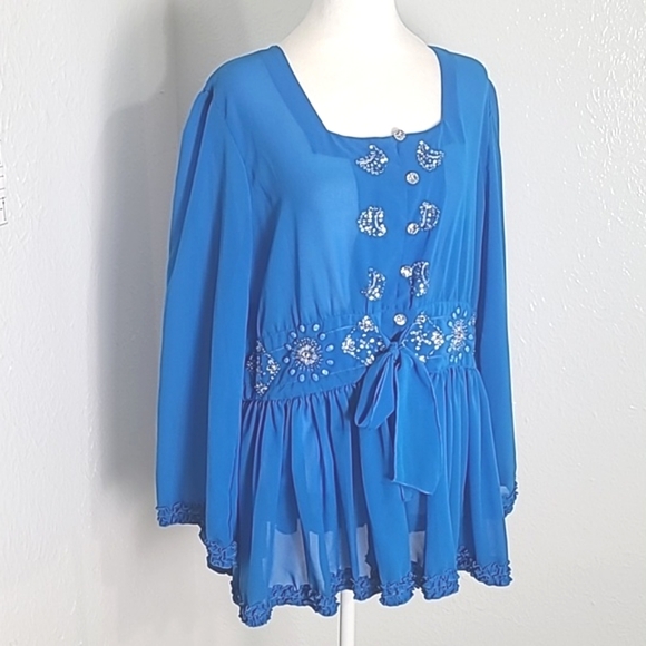 AS HRO Blue Marine Sheer Blouse Rhinestone Buttons & Accents, Small Ruffle, XL - Picture 2 of 11